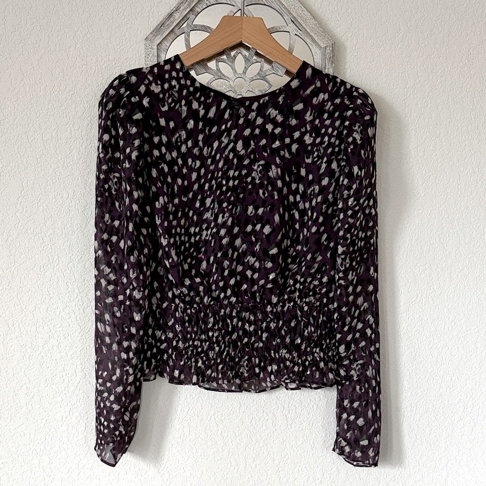 Express • Plum Abstract Print Sheer Long Sleeve Smocked Waist Peplum Blouse